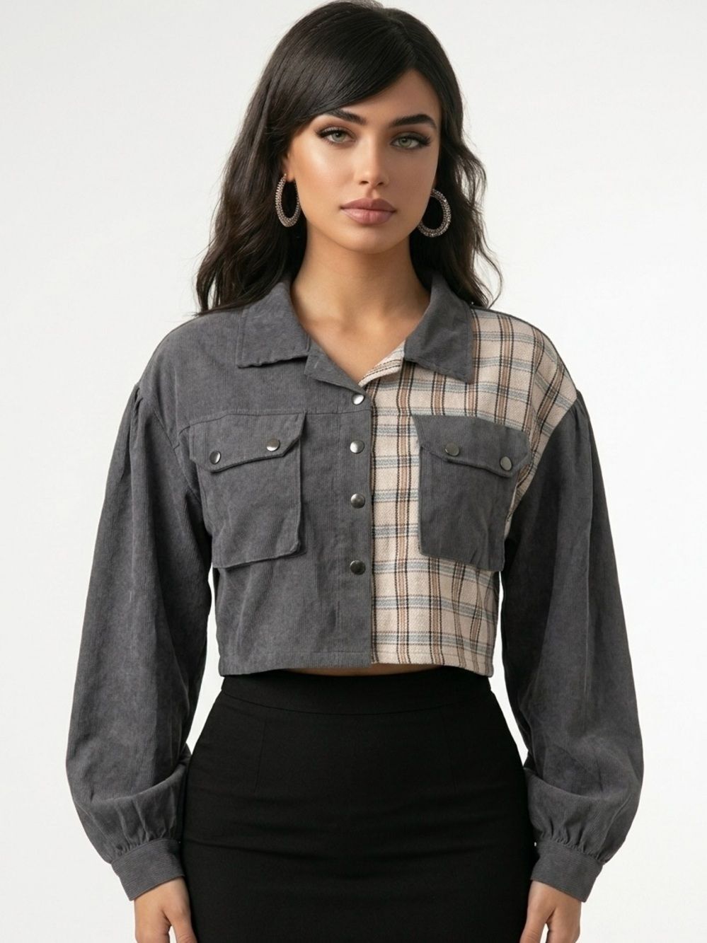 SHEIN | Gray and Plaid Cropped Button Front Jacket Women’s Size X-Large